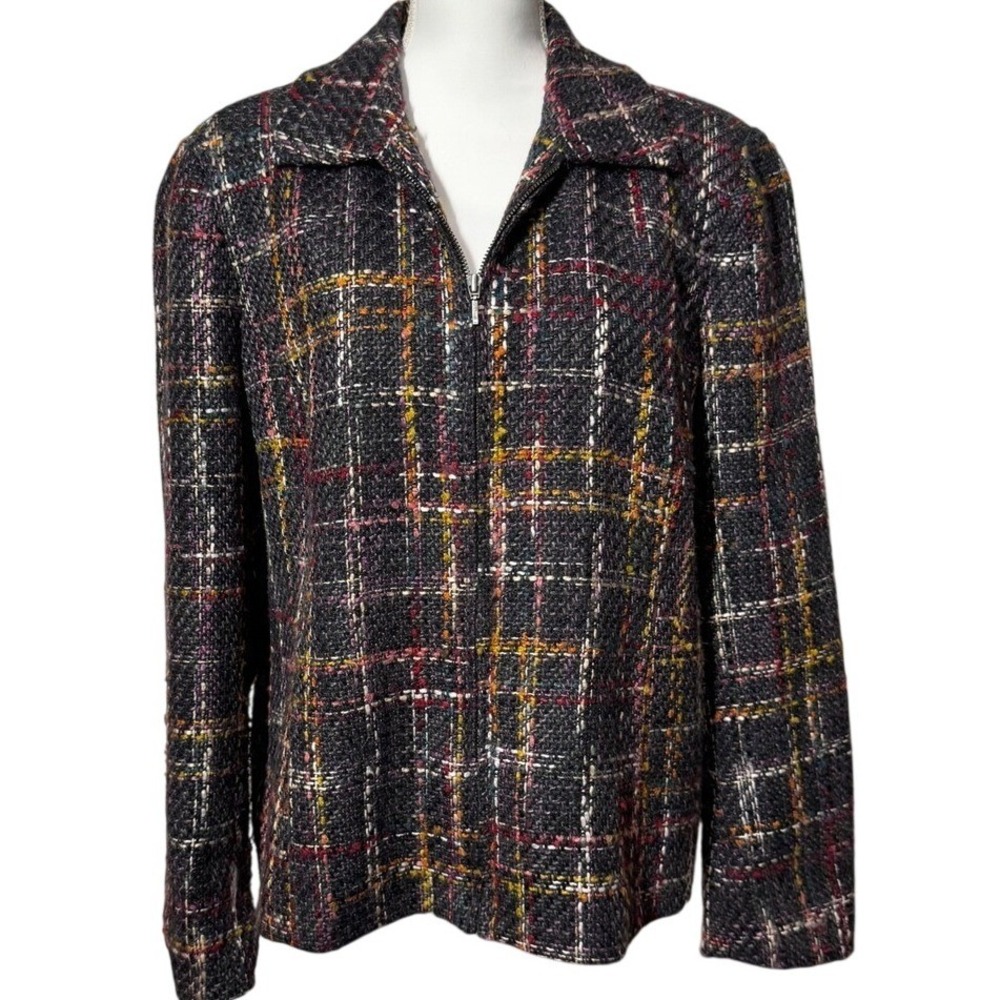 Coldwater Creek XL Tweed Jacket Plaid Multicolor Half Zip Long Sleeve Coat